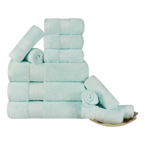 White Waffle Weave Guest Towel with Aqua Blue Linen Border