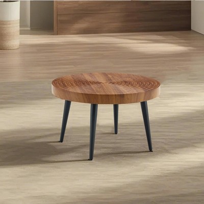 VYNXARIA Natural wood grain round coffee table,23.6" diameter.Features exquisite suction molding, natural wood texture,and black sprayed metal legs.