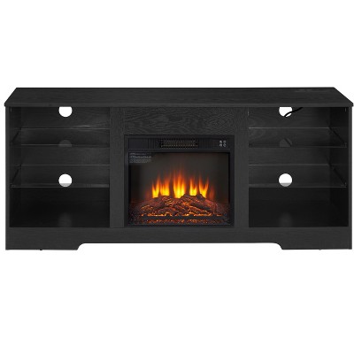 NicBex Fireplace TV Stand with 6-Tier Glass Storage Shelves Freestanding Heater Stove Fireplace TV Stand with LED Lights & USB Charging Outlet