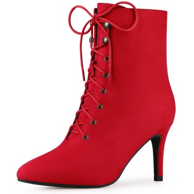 Perphy Women's Pointy Toe Side Zipper Lace Up Stiletto Heel Ankle Boots