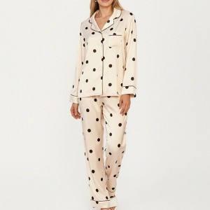 Anna-Kaci Lounge Women's 2-Piece Set Satin Polka Dot Pajama Top with Contrast Piping and Matching Straight-Leg Pants - 1 of 4