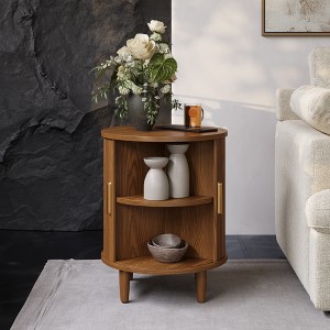 POVISON Modern Mid-Century Round Walnut Color Side Table with Sliding Tambour Door & Storage Shelf, Solid Wood Frame, and Metal Hardware Legs - 1 of 4