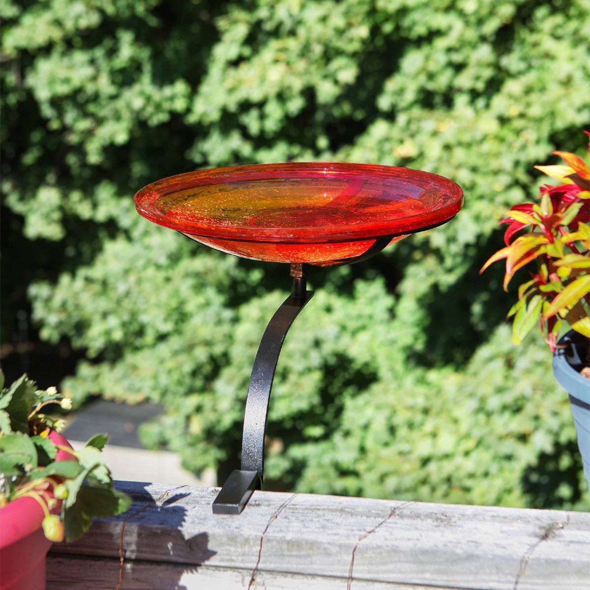13.75" x 19.5" x 14" Reflective Crackle Glass Birdbath Bowl: No-Drill Clamp, Deck Rail Compatible - ACHLA Designs - thumbnail 2