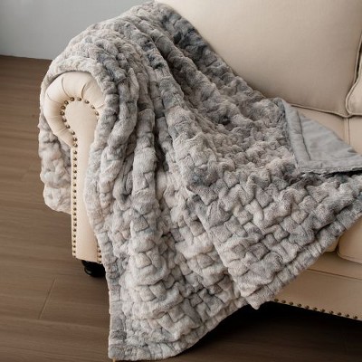 Sapphtopaz Ruched Faux Fur Throw Blanket, Tie Dye Design Mink Accent Blanket, 50"W x 60"L Fleece Blankets  for Bed or Couch