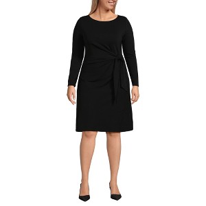 Lands' End Women's Long Sleeve Lightweight Cotton Modal Boatneck Tie Waist Dress - 1 of 3