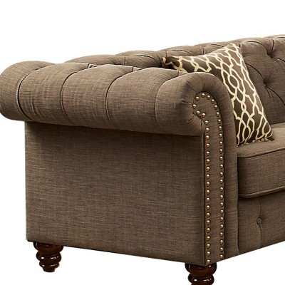 Aurelia Brown Tufted Linen Sofa with Rolled Arms