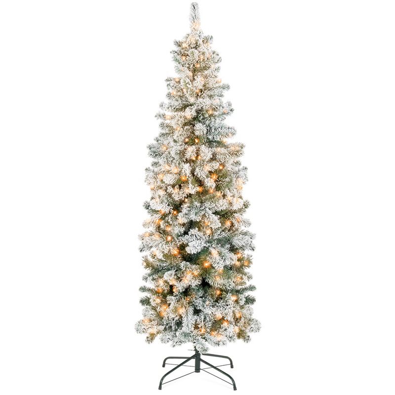 Best Choice Products Pre-Lit Artificial Snow Flocked Pencil Christmas Tree Holiday Decoration, 1 of 12