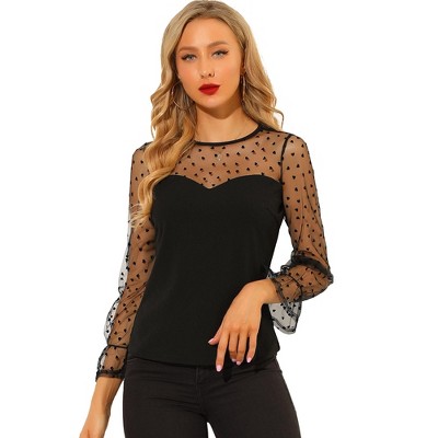 Women's Black Sheer Lace Mesh Bishop Sleeve Top Casual Round Neck