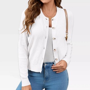 Womens Button Down Waffle Knit Cardigan Sweaters with Crew Neck Open Front Long Sleeve At Waist Jacket,White - 2XL - 1 of 4