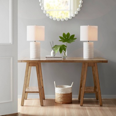 White Textured Resin Table Lamp with Drum Shade