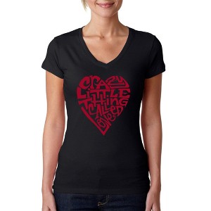 LA Pop Art Women's Word Art V-Neck T-Shirt - Crazy Little Thing Called Love - 1 of 4