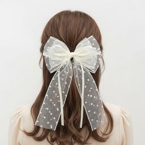 Anna-Kaci Sheer Polka Dot Bow Hair Clip with Layered Tulle Design and Long Ribbon Tails - 1 of 4