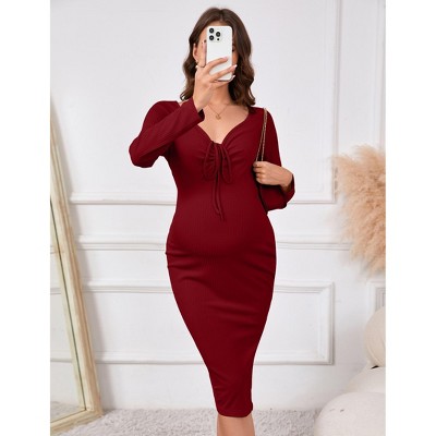 Women's Maternity Long Sleeve Square Neck Tie Front Bodycon Pencil Dress