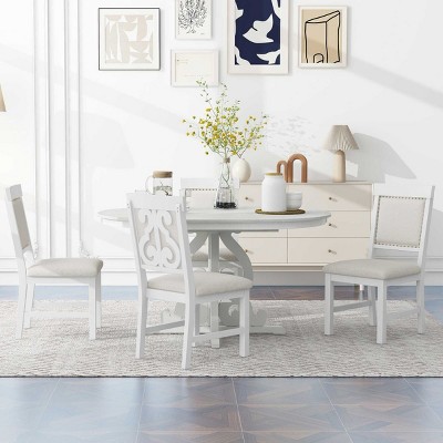 Dining Sets Round, Dining Sets 5 Piece, Dining Set Solid Wood With 16'' Leaf And 4 Upholstered Chairs, Extendable Dining Table Set-Cuddlewood