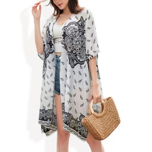 Anna-Kaci Swim Women's Semi-Sheer Boho Cover-Up with Open Front - One Size Fits Most, White - 1 of 4