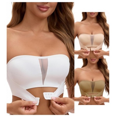 INSPIRE CHIC 3 Packs Women's Mesh Front Closure Push Up Wirefree Bandeau Strapless Breathable Tube Bras