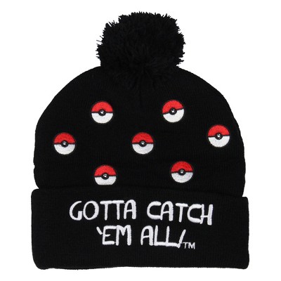 Pokemon Gotta Catch Em All Pokeball Embroidered Cuffed Knit Pom-Pom Beanie OSFM