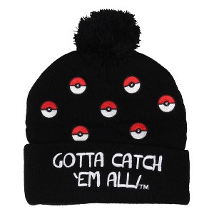 Pokemon Gotta Catch Em All Pokeball Embroidered Cuffed Knit Pom-Pom Beanie OSFM - 1 of 4