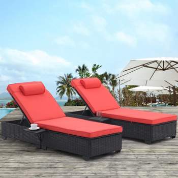 2-piece PE Rattan Outdoor Patio Chaise Lounge Chair with Reclining Adjustable Backrest and Removable Cushions - Maison Boucle