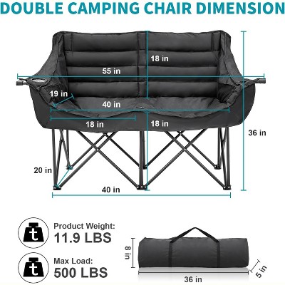 Diagram showing dimensions of the double camping chair with measurements labeled