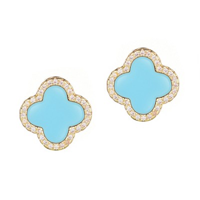 Adornia 14k Gold Plated Turquoise Halo CZ Clover Stud Earrings