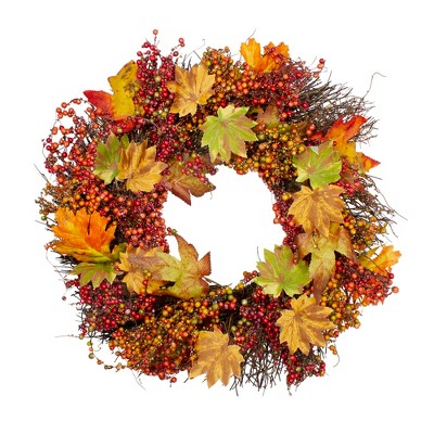 Northlight Maple Leaf and Berry Twig Artificial Fall Harvest Wreath, 22-Inch