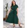 Womens Plus Size Business Casual Shirt Dress for Work Half Placket Summer Button Dress Short Sleeve Split Maxi Dress - 2 of 4