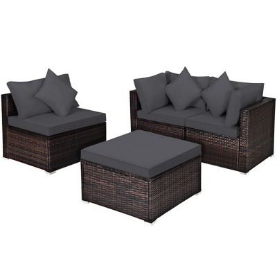 Tangkula 4PCS Rattan Patio Conversation Furniture Set Yard Outdoor w/ Grey Cushion
