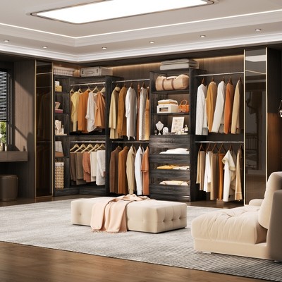 Aheaplus Closet Organizer System with 6 Hanging Rods and Drawers, Freestanding Closet System with Shelves