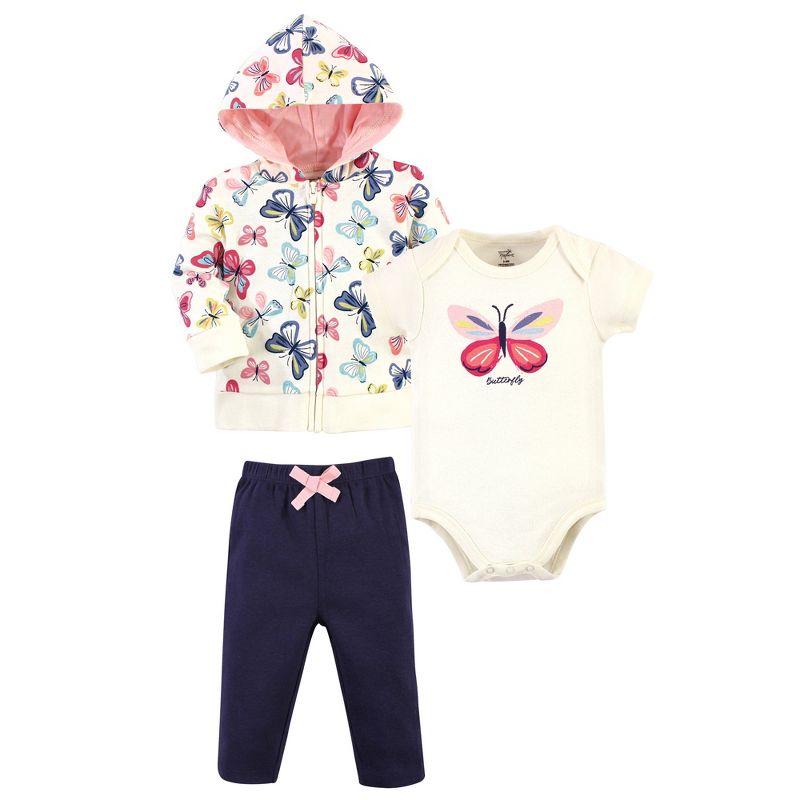 Touched by Nature Baby and Toddler Girl Organic Cotton Hoodie, Bodysuit or Tee Top, and Pant, Bright Butterflies, 1 of 6