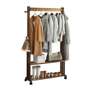 Artloge Heavy Duty Movable Retro Garment Rack Wooden Hall Tree Hat Coat Stand Open Wardrobe Adjustable Shoe Shelf with Lockable Wheels for Home Shop - 1 of 4