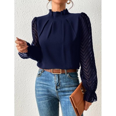 Long Sleeve Blouses for Women Dressy Casual Fall Tops Mock Neck Trendy Tshirts Shirt Business Work Tee Shirts