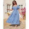 Women Plus Size Maxi Dress V Neck Summer Dress Short Sleeve Long Dress High Waist Ruffle Casual Dress with Belt - 2 of 4