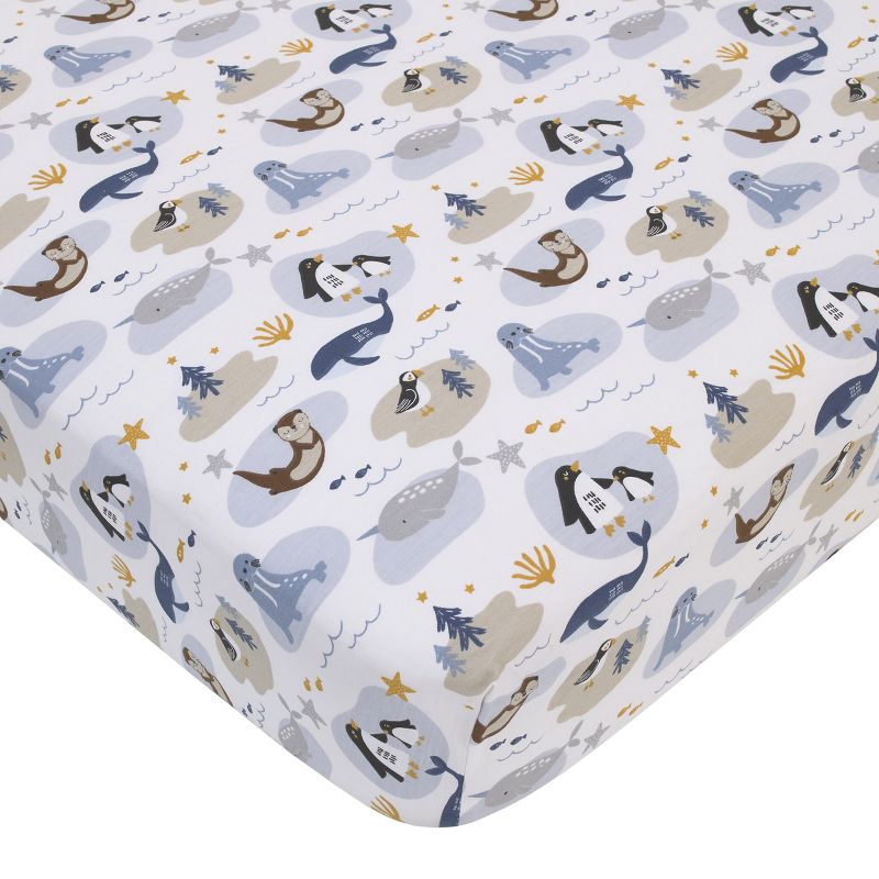 NoJo Arctic Adventure Light Blue, White, Taupe and Navy Whales, Walrus, and Otter 4 Piece Nursery Crib Bedding Set, 3 of 11