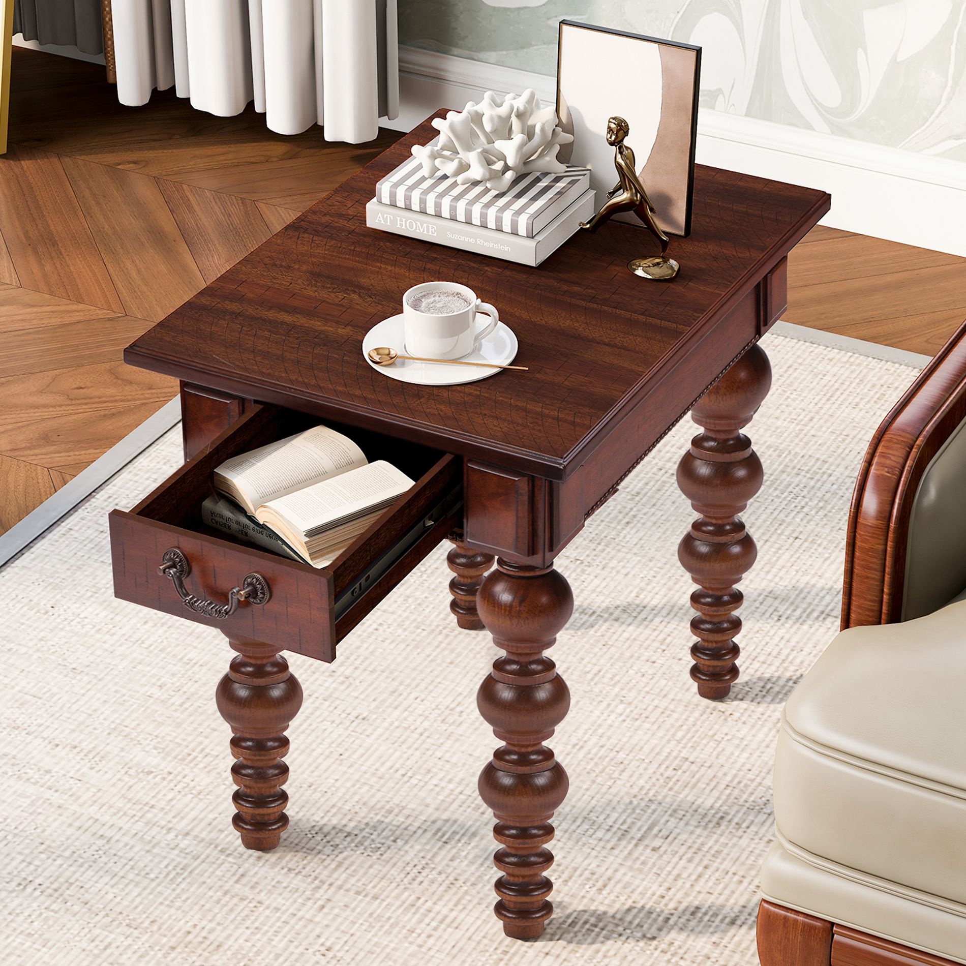 ORRD Solid Wood End Table with Drawer, Vintage Narrow Side Table with Bubble Spindle Legs for Living Room, Sofa, Farmhouse Bedroom,walnut