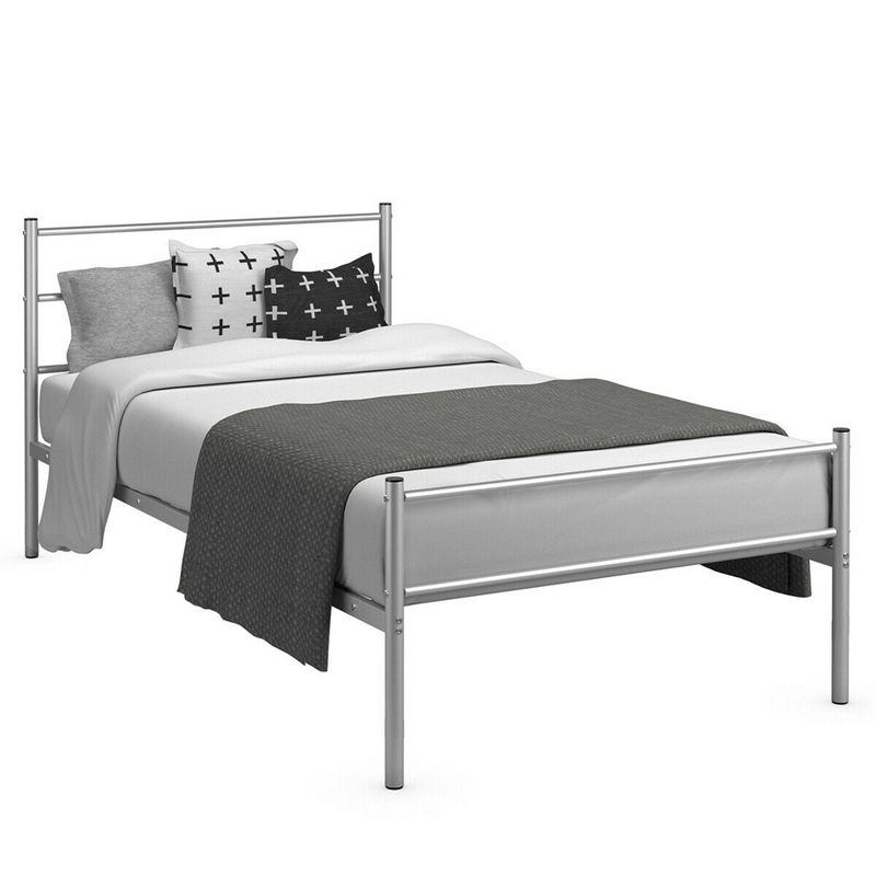 Costway Twin Size Metal Bed Frame Platform Mattress Foundation W/ Headboard Silver, 1 of 11