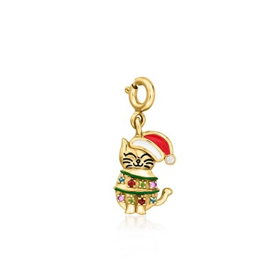 Ross-Simons Multi-Gemstone and 1.5mm Cultured Pearl Christmas Hat Cat Charm With Enamel in 18kt Gold Over Sterling