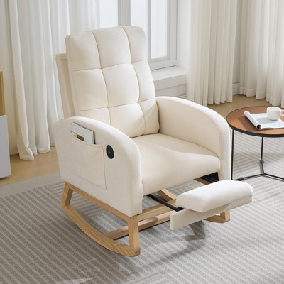 Modern Nursery Rocking Chair, Comfortable Rocker Recliner with Side Pocket, Footrest, Mid Century Upholstered Rocker Glider for Living Room, Bedroom