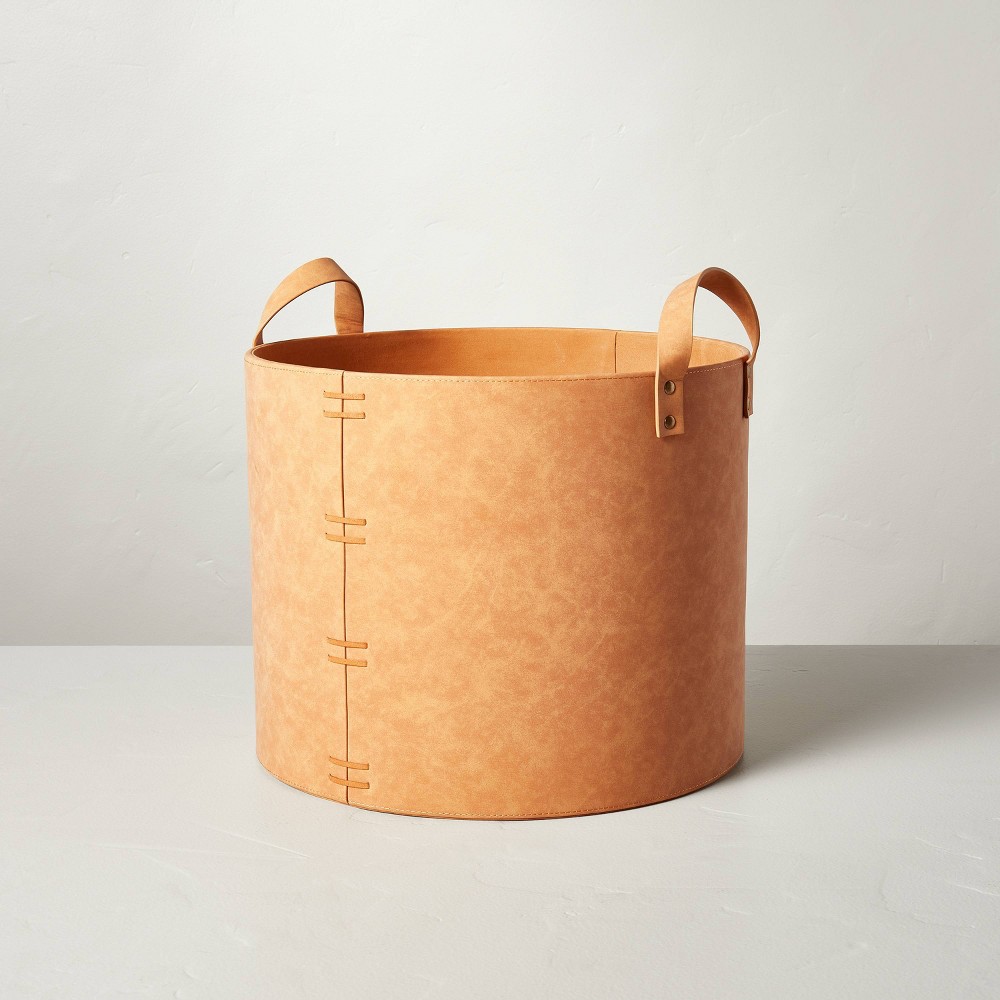 Large Camel Brown Faux Leather Storage Bin