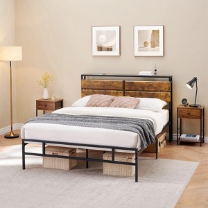 Rustic Wood Platform Bed Frame with Storage - 12.6" Underbed Clearance, No Box Spring Needed, Metal Slat Support, 600lb Capacity, Easy Assembly - 1 of 4