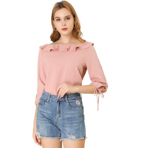 Allegra K Women's Vintage 3/4 Sleeve Boat Neck Ruffled Dots Print Blouse - 1 of 4