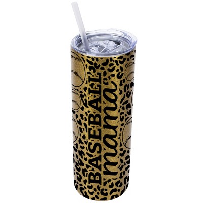 Elanze Designs Leopard Print Vegas Gold 20 Ounce Double Wall Stainless Steel Glitter Travel Tumbler With Sliding Lid And Straw, Baseball Mom