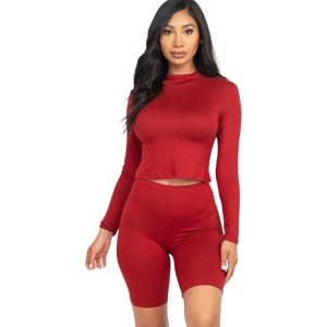 Slickblue Women's 2-Piece Mock Neck Top & Biker Shorts Set Stretchy Polyester Spandex Active Lounge Color & Size Options - 1 of 4