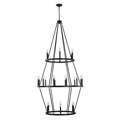 PAKOKULA Modern 24-Light Black 3-Tier Wagon Wheel Farmhouse Industrial Chandelier Rustic Candle Pendant Light