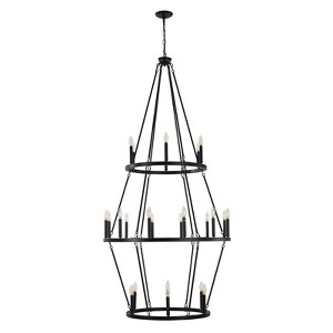 PAKOKULA Modern 24-Light Black 3-Tier Wagon Wheel Farmhouse Industrial Chandelier Rustic Candle Pendant Light - 1 of 4