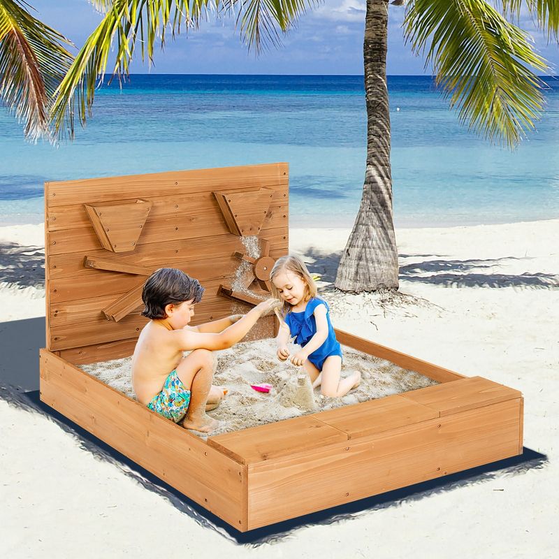 Costway Wooden Sandbox w/ Sand Wall & Cover & Bottom Liner for Kids Outdoor, 3 of 11