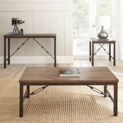 Riveted Antique Tobacco 48" Industrial Coffee Table with Plank-Effect Top