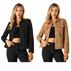 INSPIRE CHIC Women's Turn-Down Collar Flap Pockets Snap Button Faux Suede Jacket 2 Packs - 1 of 4