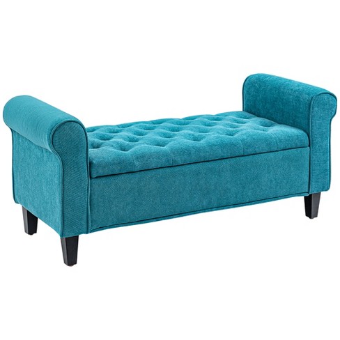 Homcom 50 Storage Ottoman Bench Upholstered End Of Bed Bench With Rolled Arms And Wood Legs Button Tufted Storage Bench Teal Target