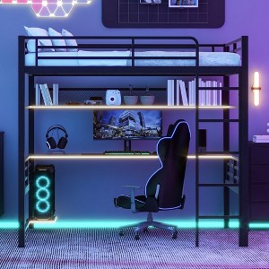 YOOCOZZ Full Size Metal Gaming Loft Bed with Desk, Shelves, Iron Mesh and Remote LED Lighting - Black - 1 of 4